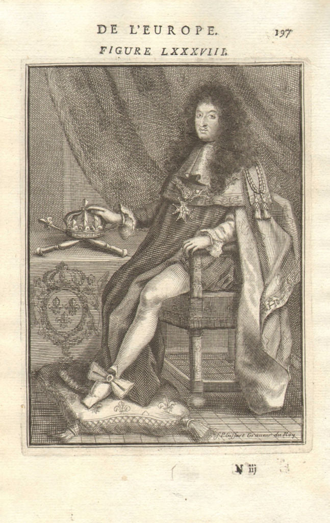 LOUIS XIV-THE SUN KING. Seated with medals & crown. Roi de France. MALLET 1683